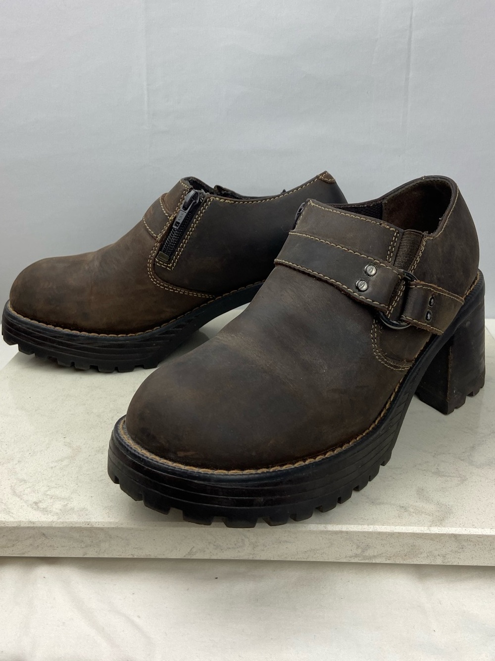 Vintage Skechers Brown Leather Chunky Platform Lug Sole Heeled Loafers